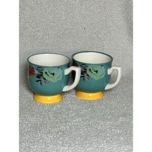 2 Pioneer Woman Flea Market Floral Turquoise & Yellow Footed Coffee Mug Tea Cup